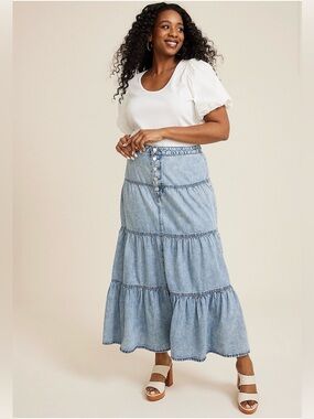 M Jeans by Maurices Button Fly Tiered Denim Maxi Skirt Boho Cottage Size 12